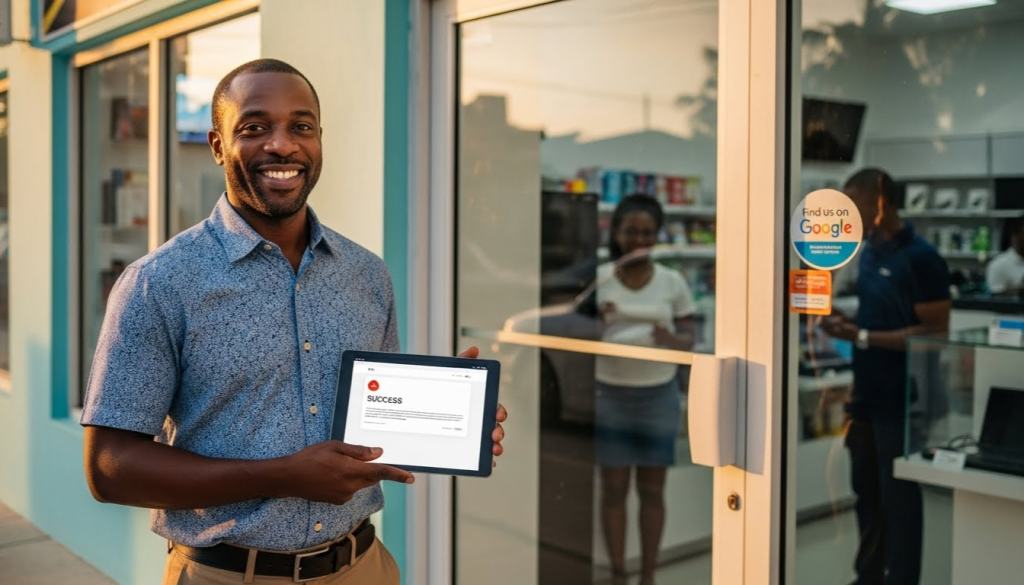 strong online presence for Jamaican small business: owner with digital presence and customer engagement
