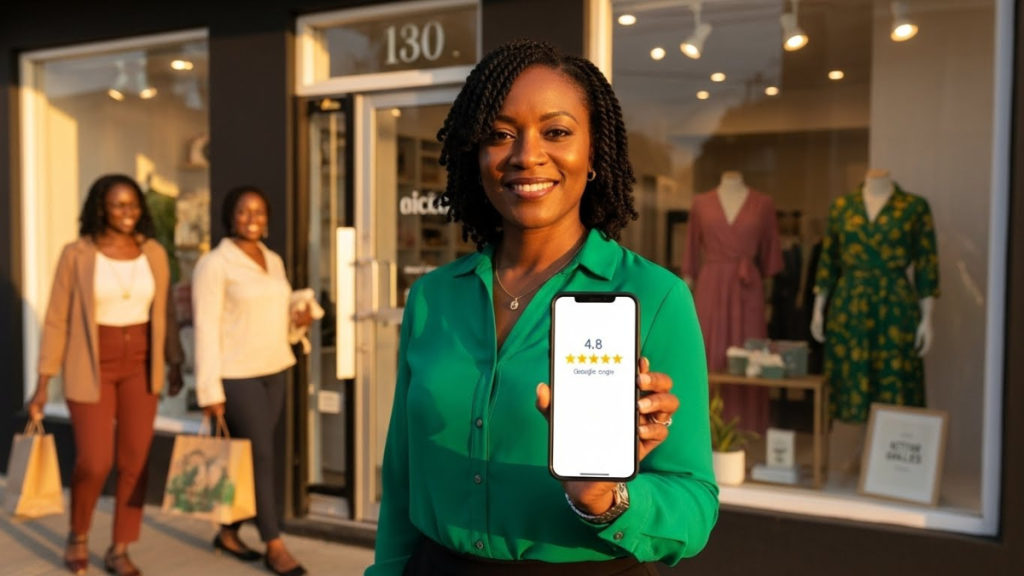 Jamaican small business owner standing outside her shop holding a phone with positive customer reviews, demonstrating effective online visibility tips without daily social media posting.