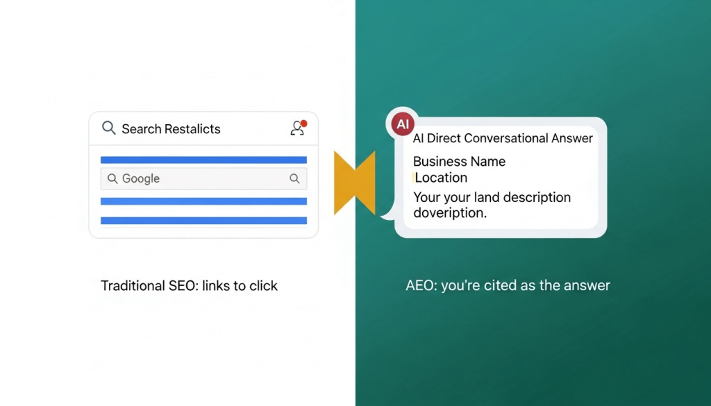 Answer engine optimization Jamaica explained: comparison between traditional SEO search results and AI-generated direct answer format
