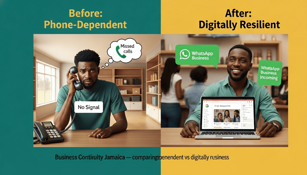 Business continuity Jamaica — comparison of phone-dependent business with no signal versus digitally resilient business using WhatsApp Business and Google Business Profile