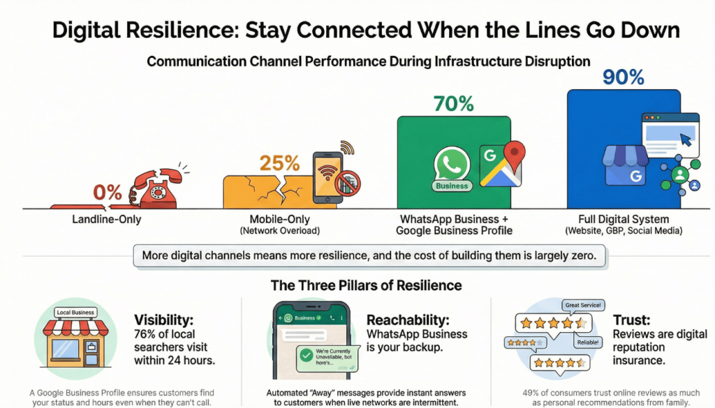 Infographic showing communication channel performance during infrastructure disruption, from landline-only (0%) to full digital system (90%), highlighting WhatsApp Business and Google Business Profile as key resilience tools