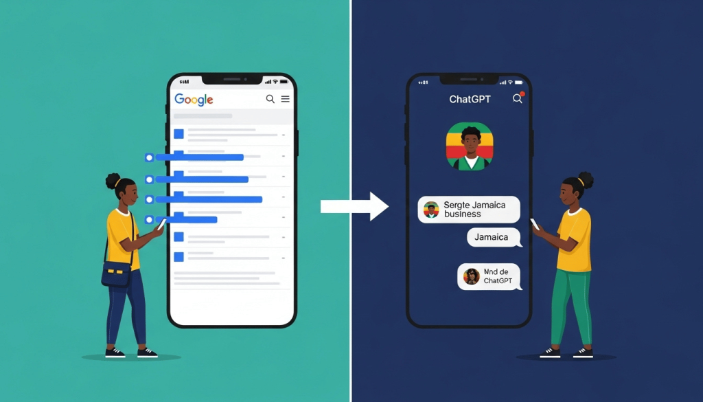 how AI search engines find local businesses — comparison between traditional Google search and AI chat recommendation on mobile phone
