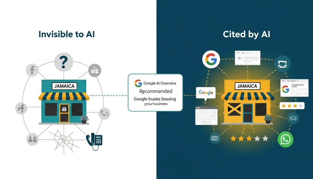 Comparison of invisible vs AI-cited business for Google AI Overviews Jamaica