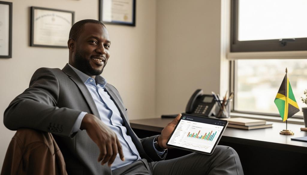 Jamaican business owner reviewing digital visibility growth after implementing answer engine optimization strategy