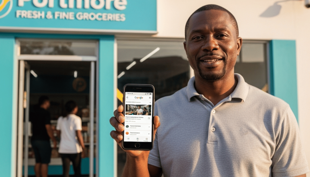 Small business owner outside a grocery store holding a smartphone displaying a Google Business listing