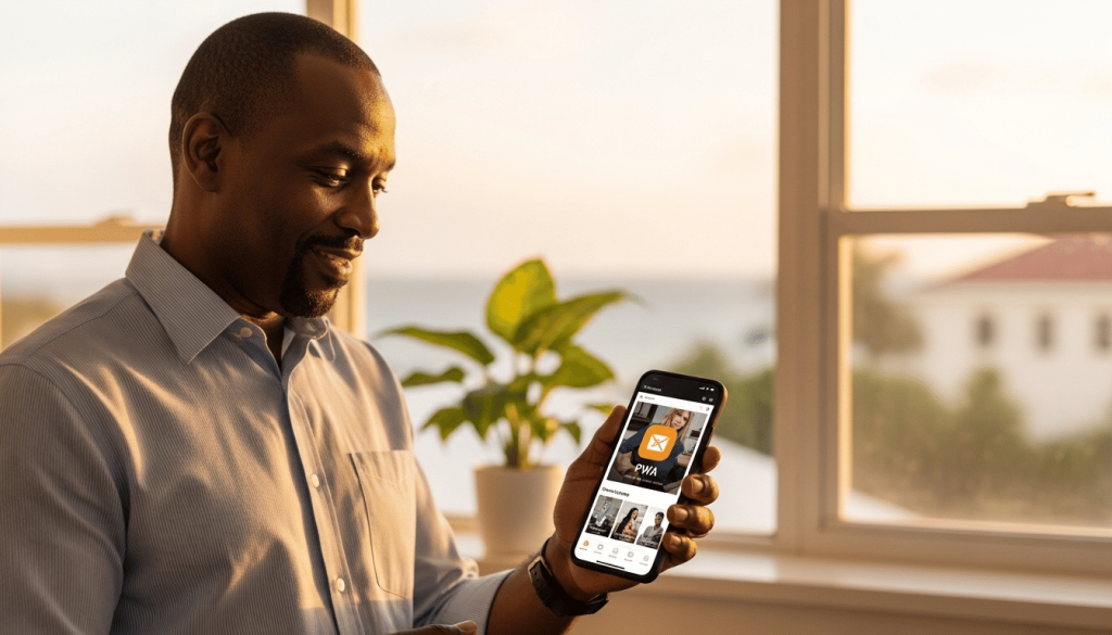 progressive web app in Jamaica: man using a smartphone app that remains accessible without internet