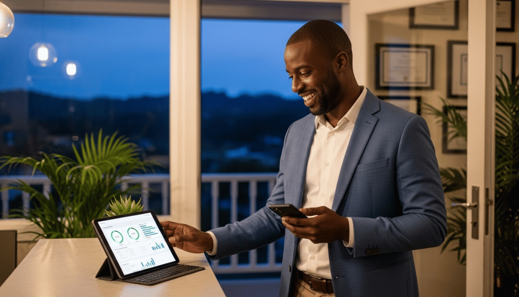 Businessman reviewing analytics on tablet and smartphone in a modern home office, symbolizing data-driven decision making in AI search era
