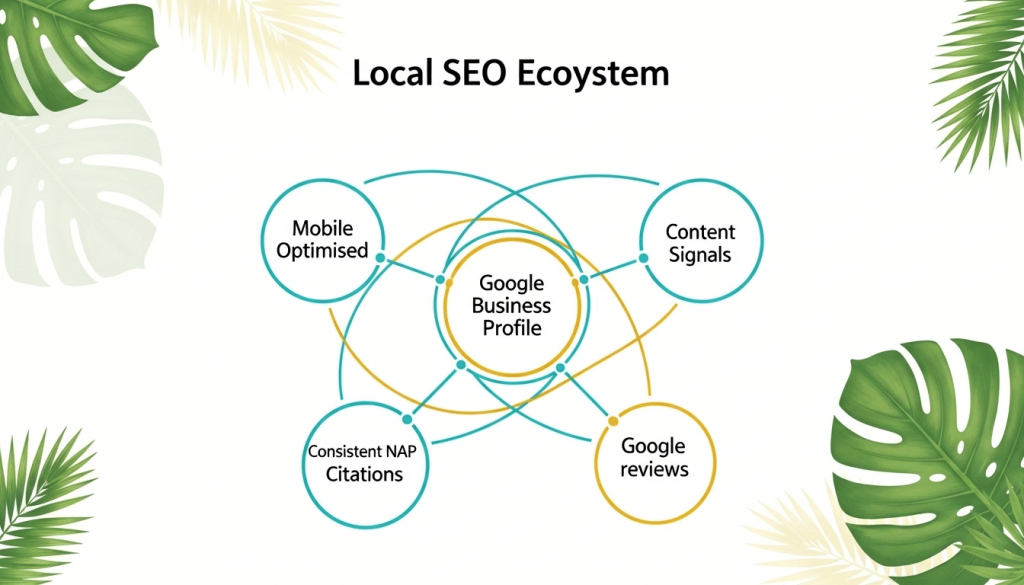 Diagram showing local SEO ecosystem including Google Business Profile, reviews, content signals, citations, and mobile optimization