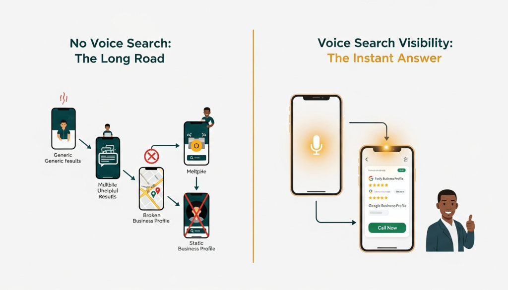 Split-screen comparison showing a Jamaican homeowner unable to find a plumber without voice search optimisation versus finding one instantly with emergency plumber SEO Jamaica visibility.