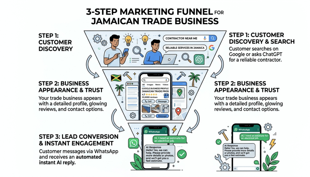 AI visibility and lead generation funnel for Jamaican tradespeople showing the path from Google search to WhatsApp AI receptionist.