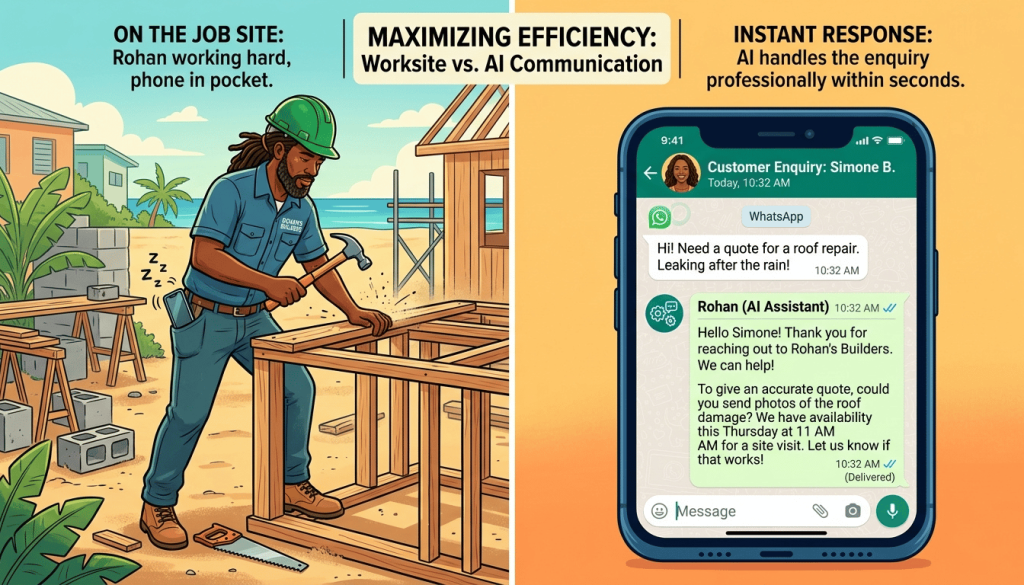 Automated lead management for trade showing WhatsApp AI responding to a customer while the tradesperson is occupied on site.