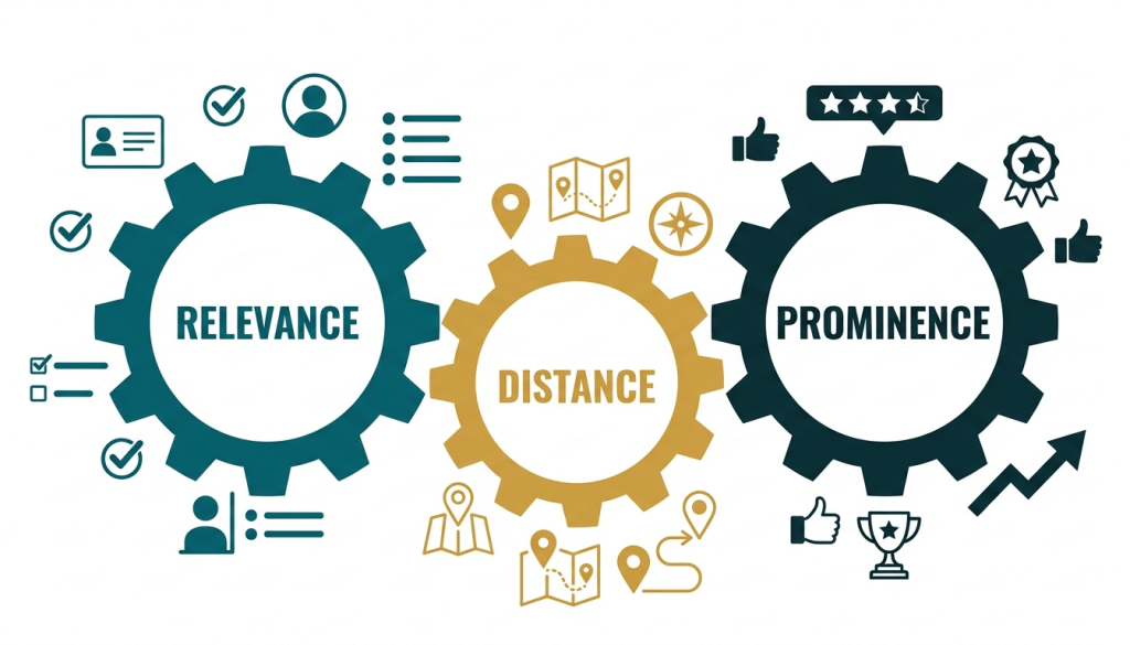 Google Maps ranking factors for local SEO Jamaica — relevance, distance, and prominence diagram.