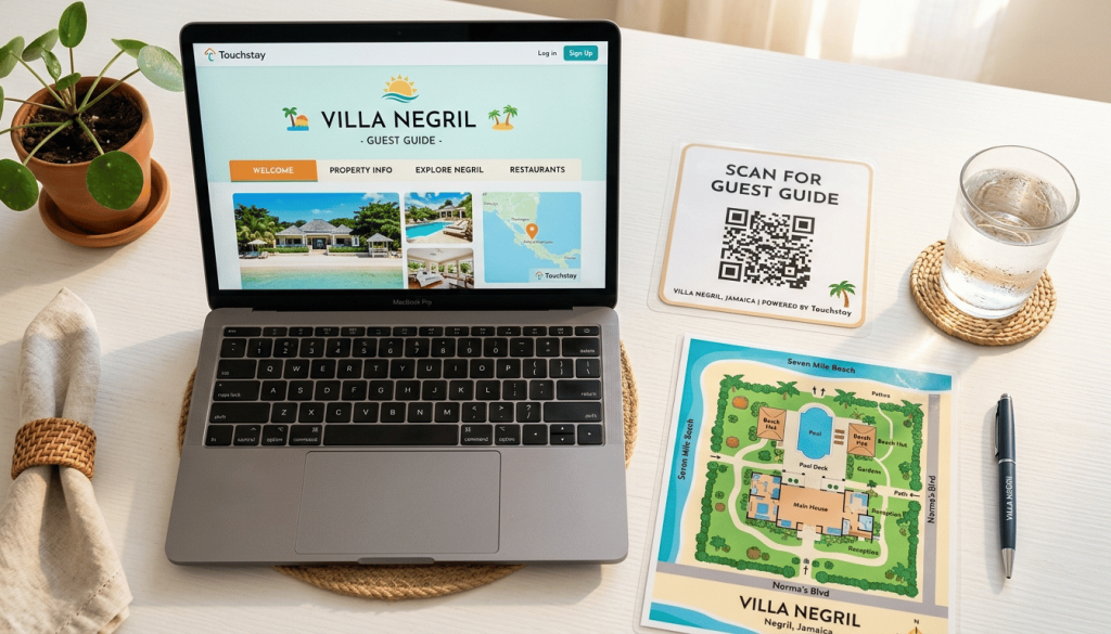 Offline guest guide Jamaica — Jamaican host’s desk with digital guidebook, QR code, and printed property materials for short-term rental guests.