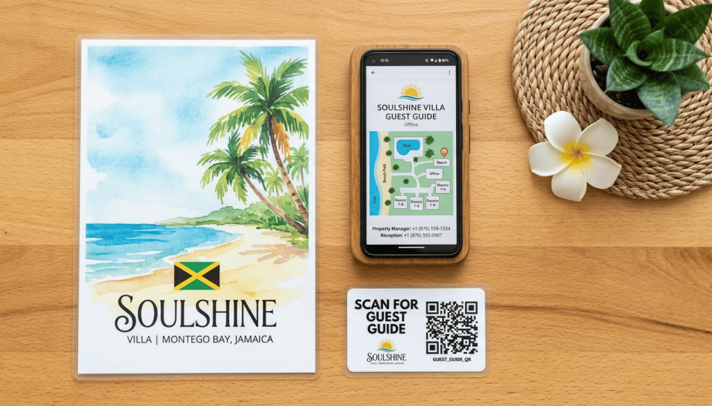 Offline-first guest guide Jamaica — three-layer information system including printed folder, cached digital guide, and QR code for Jamaican villa guests.