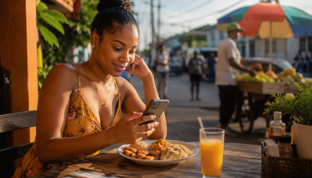 Jamaican nail technician enjoying a relaxed Saturday morning breakfast while her WhatsApp automation has already confirmed overnight bookings without her.