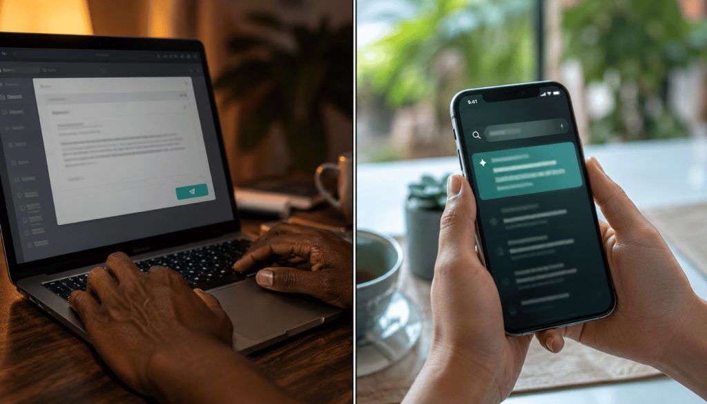 Split scene showing a Jamaican business owner sending a transactional email on the left and a customer receiving an AI recommendation on the right, illustrating the Gmail AI signal connection.