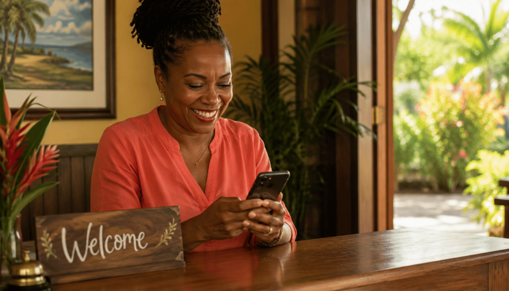 Jamaican guest house owner smiling at her phone after seeing her business cited in an AI search result in her Negril property reception area.