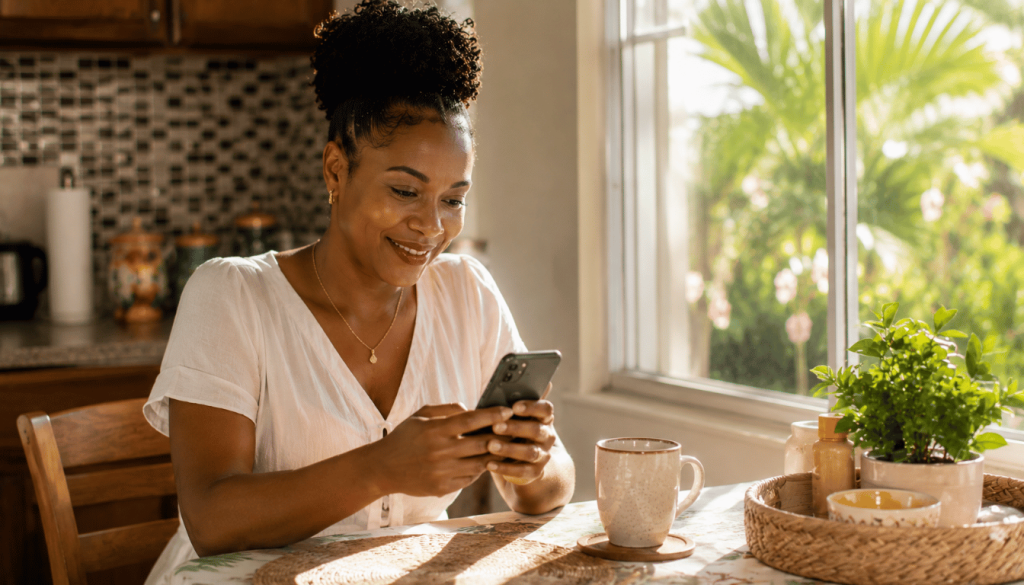 Jamaican nail technician smiling at her phone over morning coffee after waking to a confirmed booking handled automatically overnight by her AI system.