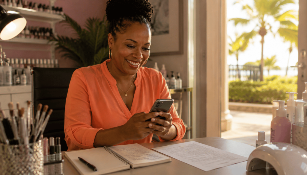 Jamaican business owner smiling at her phone after her personalised AI-assisted content earns an AI search citation in her Kingston salon.
