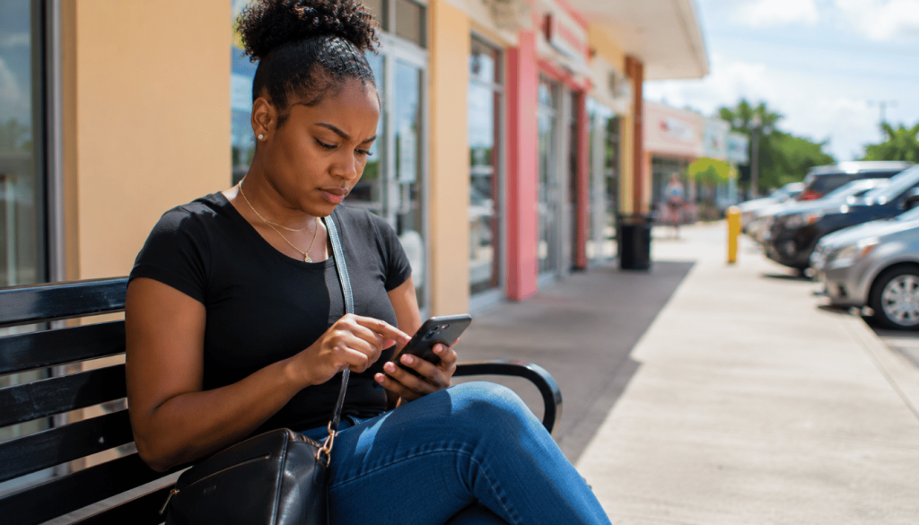 Jamaican customer in Portmore giving up on an unanswered WhatsApp message and searching for another salon to book, illustrating the cost of missed messages.
