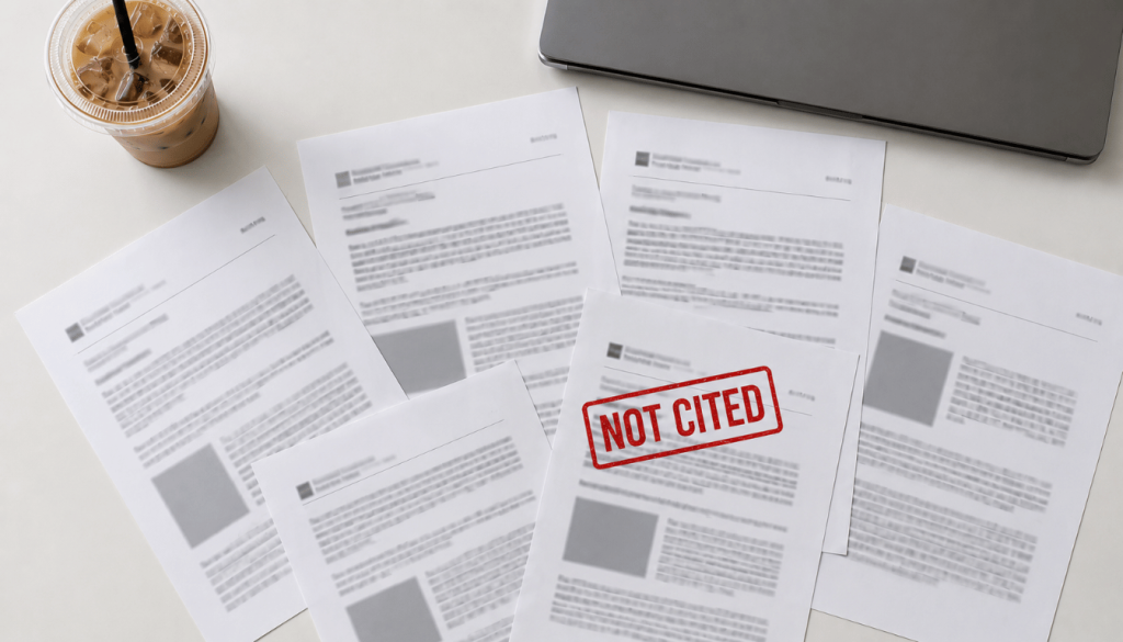 Five near-identical AI-generated blog documents fanned out on a desk, illustrating the sea of sameness problem hurting Jamaican business Google rankings.