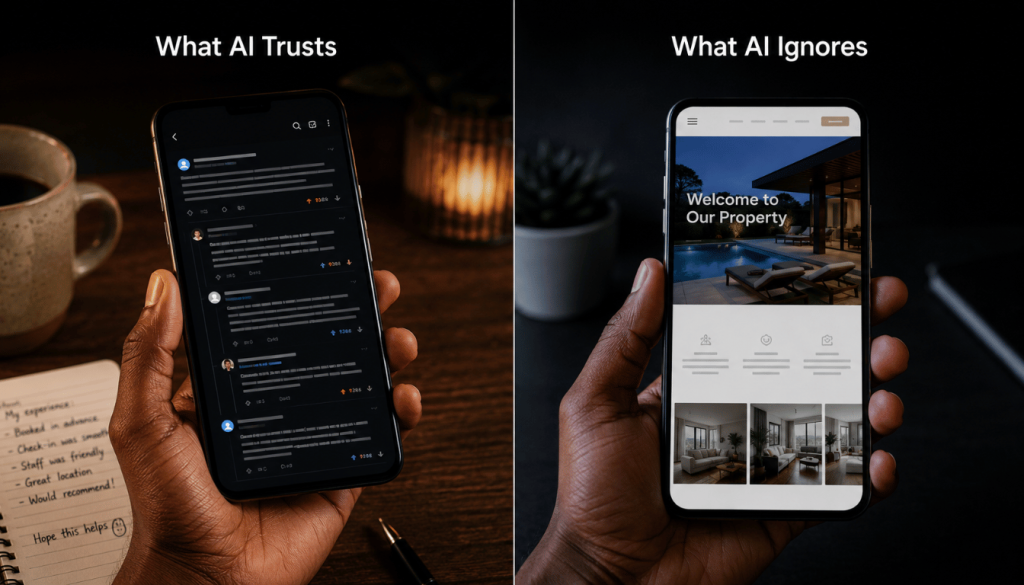Split-screen comparison showing what AI search engines trust versus what they ignore, illustrating why Reddit content gets cited over business websites.