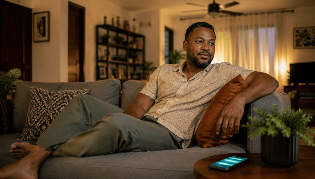 Jamaican restaurant owner relaxing at home in the evening while his Claude automation handles a WhatsApp reservation notification untouched on the table beside him.