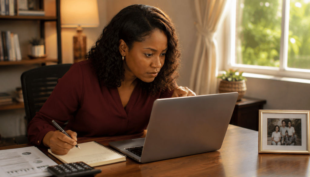 Jamaican business owner leaning forward at her desk reading DBJ Go-Digital Voucher grant eligibility details on her laptop with focused attention.