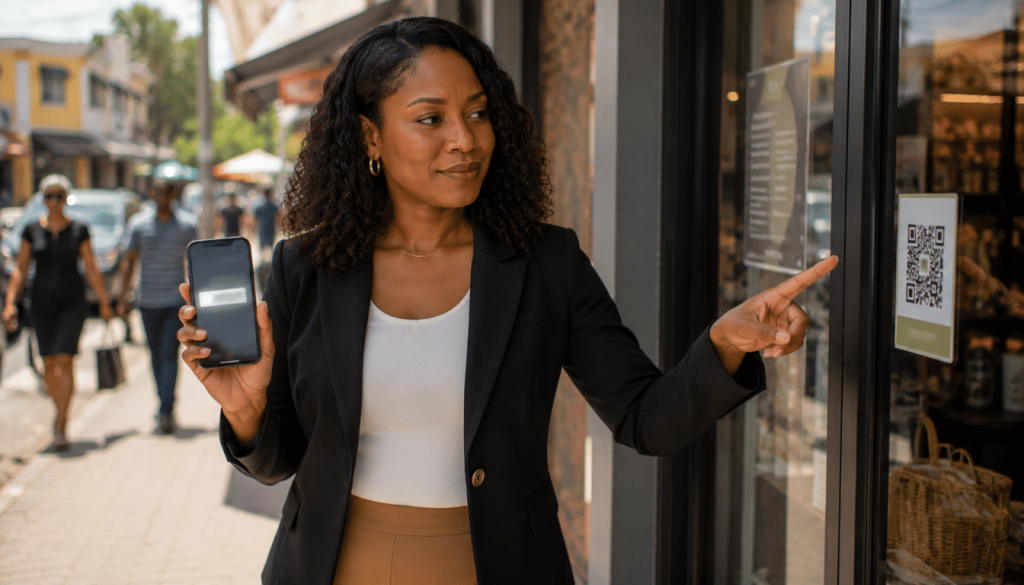 Jamaican small business owner standing confidently outside her upgraded Kingston business frontage after successfully accessing digital transformation grant funding.
