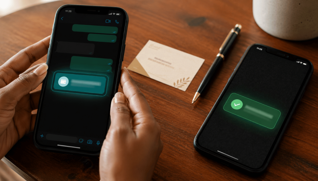 Two smartphones showing a WhatsApp payment link sent on one screen and a payment confirmation received on the other, illustrating frictionless digital payment for Jamaican small businesses.