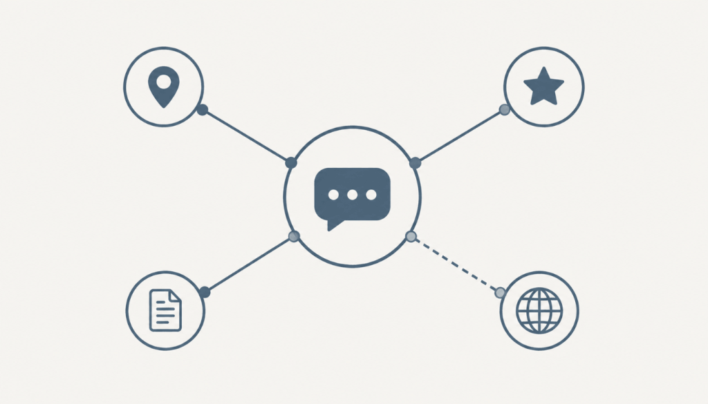 Diagram showing multiple online sources feeding an AI business summary for a Jamaican business.